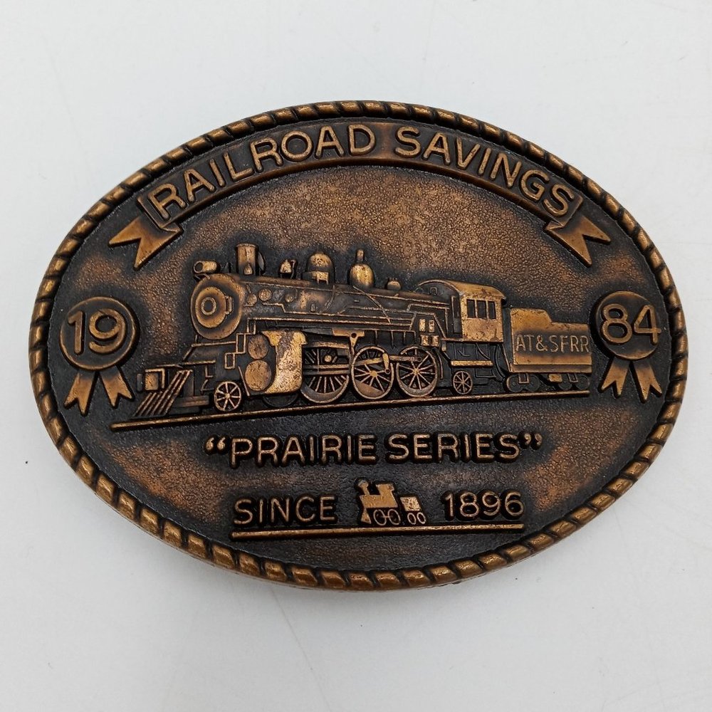 Railroad Savings Belt Buckle 1984 Santa Fe Prairie Series Train Engine Newton KS